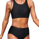 Tempt Me Women High Waisted Bikini Two Piece Swimsuits High Neck Crop Top Racerback Sporty Bathing Suits for Teen Girls (Large, Black)