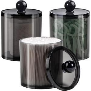 3 Pack Qtip Dispenser Apothecary Jars Bathroom with Labels- Black Plastic Qtip Holder Storage Set for Cotton Ball,Cotton Swab,Cotton Rounds,Floss Picks, Hair ClipsHair Ties
