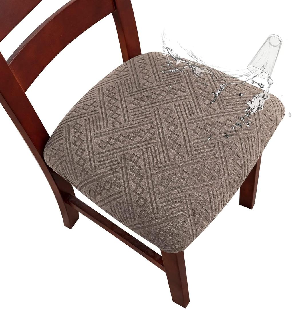 Genina Waterproof Chair Seat Covers Dining Room Chair Covers Stretch Seat Cover for Dinning Room Chair Protector Slipcovers for Kitchen, Hotel (6, Pattern1-Taupe)