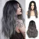 Sallcks Womens Ombre Grey Wig Long Curly Wavy Black Grey Middle Part Synthetic Halloween Cosplay Costume Wig