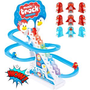 QUENTRO Penguin Slide Toy Set  Stair Climbing Roller Coaster with Sliding Tracks, 9 Racing Penguins & 3-Speed Switch  Lights, Music & Quiet Mode  Educational Playset for Kids & Toddlers