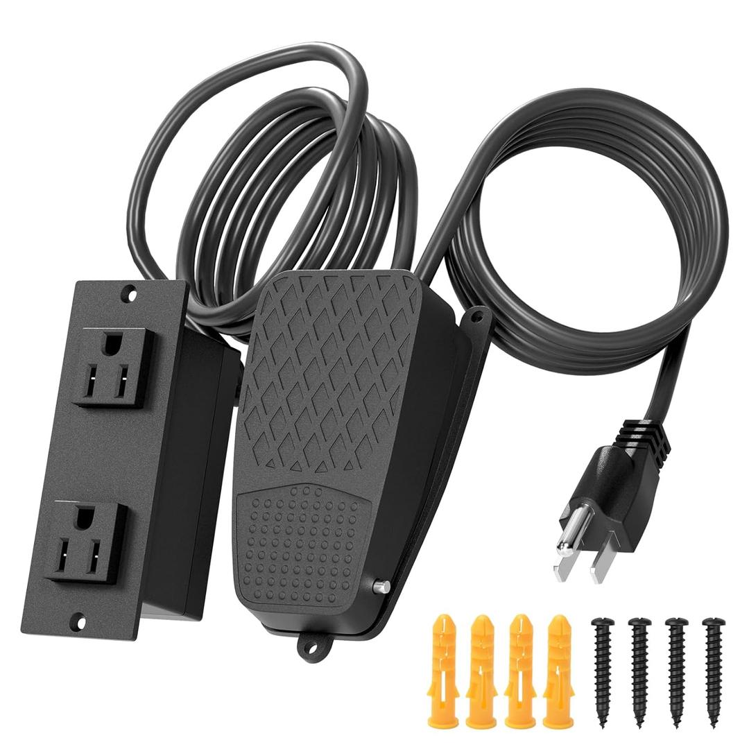 125 VAC Foot Switch, 2 x 6.56 FT Cords, Recessed Foot Pedal Control Switch with 2 Outlet, Recessed Socket with Wire Connector, Hands-Free Control for Temporary Power