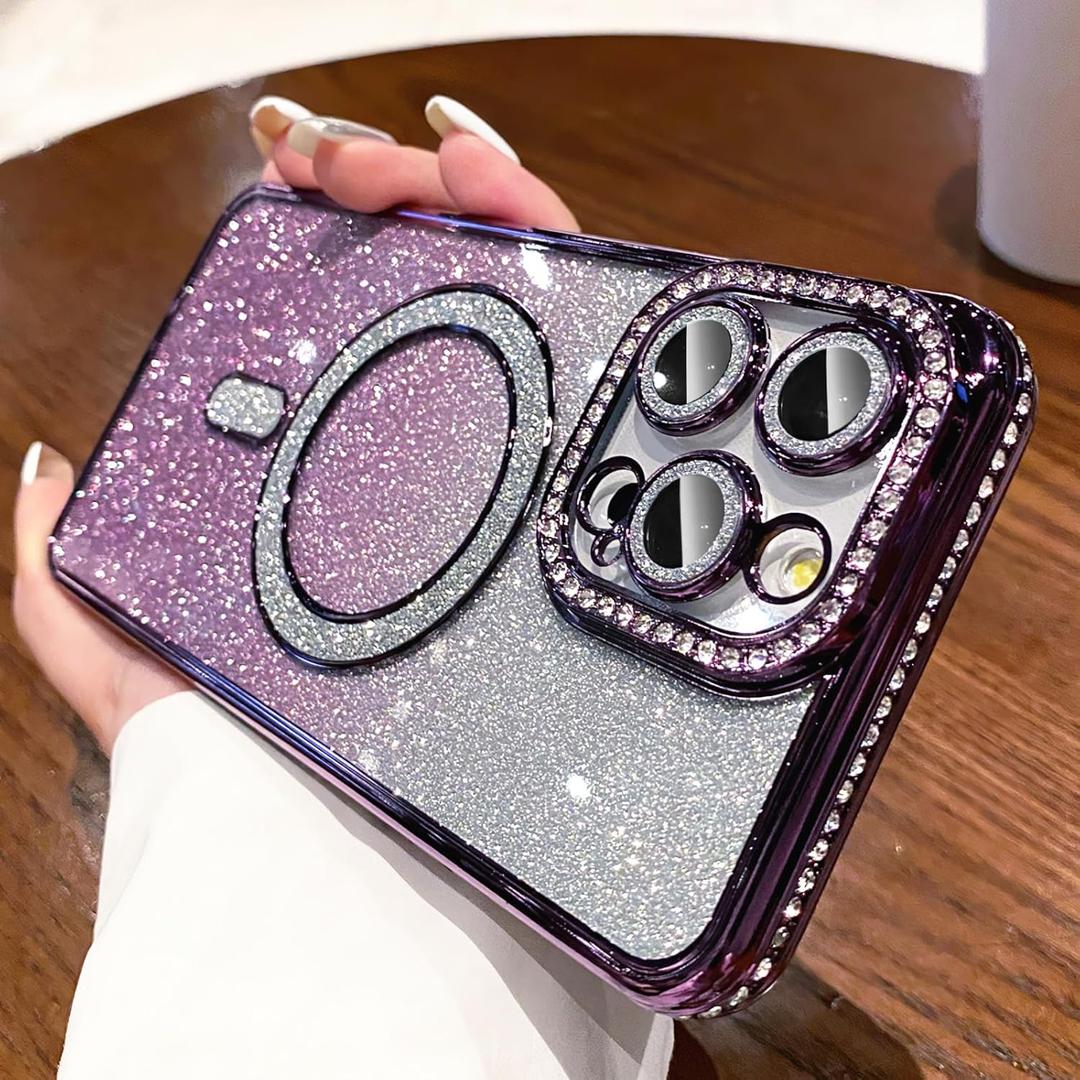 LXK Magnetic Glitter Case for iPhone 17 Pro Max 6.9" [Compatible with MagSafe] Military-Grade Protection, Clear Cute Glitter Bling Cover Sparkle Diamond Camera Protector Cover for Women Girls, Purple