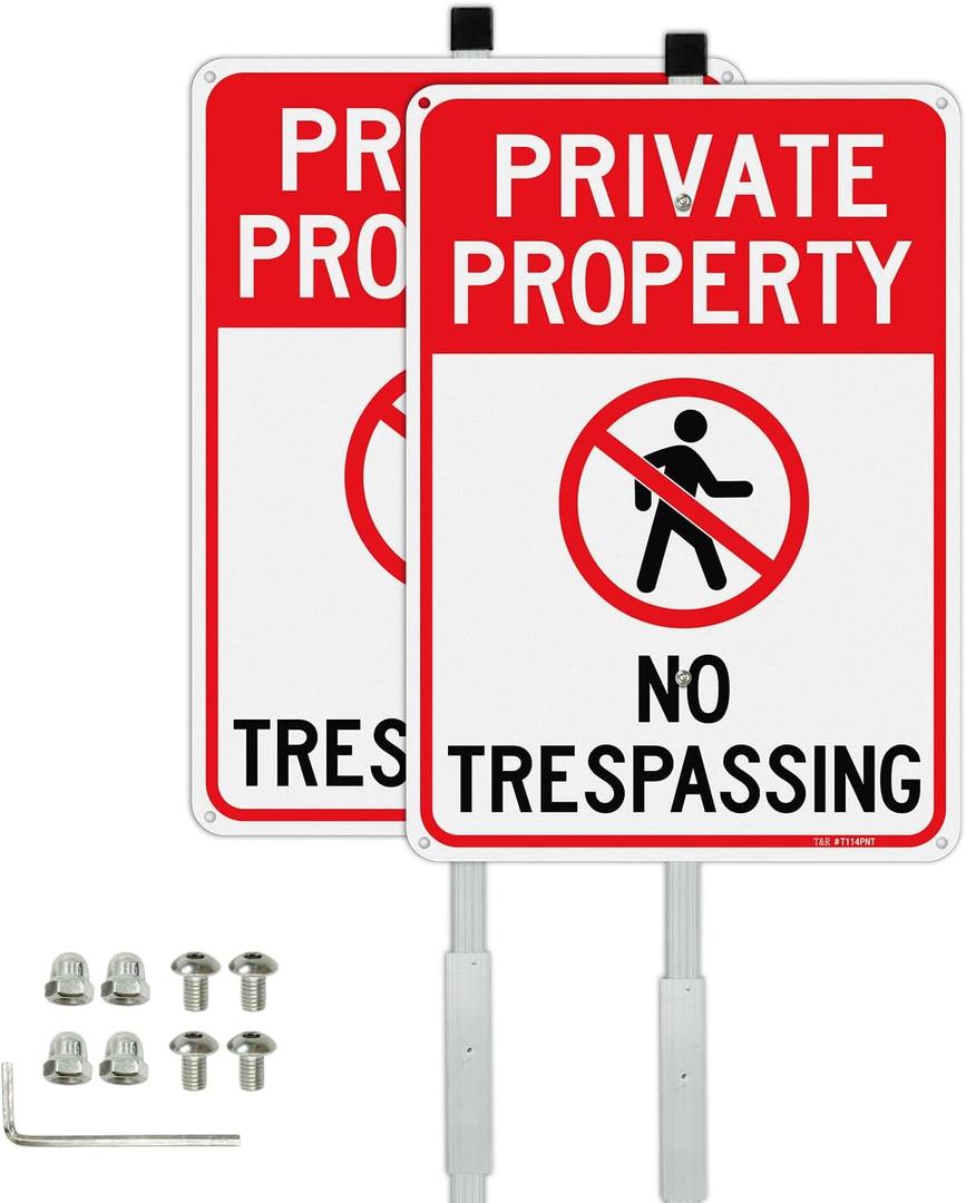 T&R Large No Trespassing Sign Private Property Sign with 54" Stake for Outside - 2 Pack - 14"x10" .040 Rust Free Aluminum, Reflective, Waterproof, Weatherproof and Fade Resistant, 6 pre-drilled holes,Includes Matching Screws & Wrench, Easy to Mount