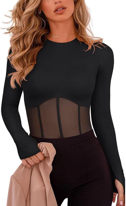 REORIA Women's Trendy Sexy Crew Neck Thumbholes Long Sleeve Sheer Mesh Going Out Bodysuit Tops, Size S