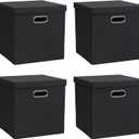Storage Bins with Lids, Collapsible Linen Fabric Boxes Organizer Containers with Lid Foldable Storage Box Basket for Closet, Shelves, Home, Office, 12 x 12 x 12.4 Inch, 4 Pack, Black