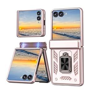 Megden for Samsung Galaxy Z Flip 7 Case with Hinge Protector and Ring Metal Magnetic Kickstand Phone Case Military-Grade Drop Resistant Protection Cover for Galaxy Z Flip 7 (Pink）