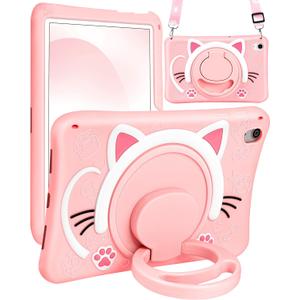 for iPad A16 Case/10th Generation Case - Soft Silicone Tablet Cover for iPad 11th 11 Inch/10th 10.9 Inch Funda Girls Women 3D Cartoon Cute Cat Kitten with Rotating Stand & Strap