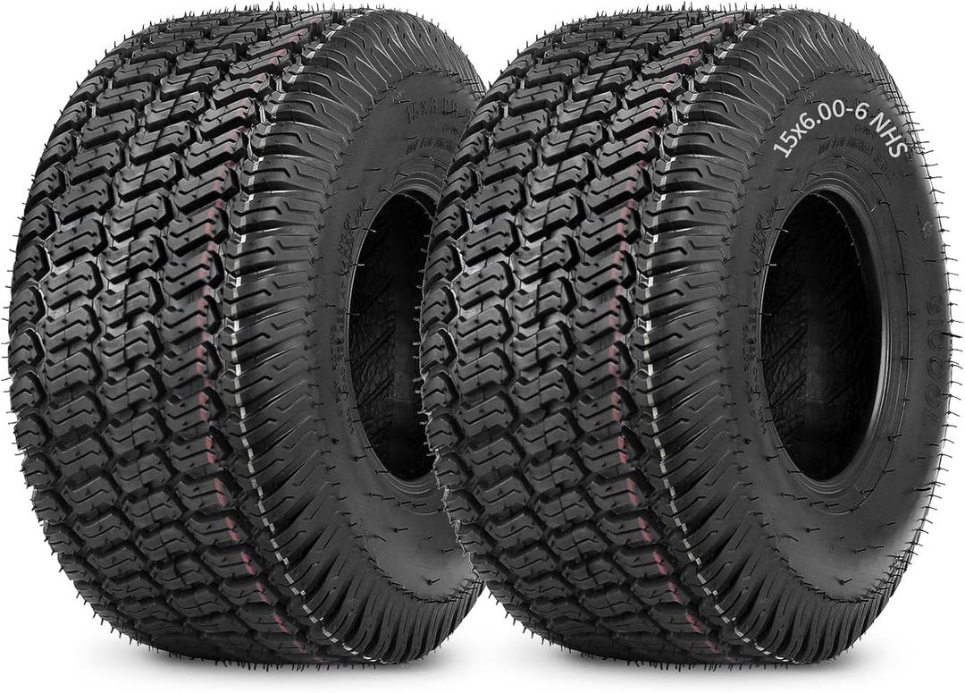 (2 Pack) 15x6.00-6 Lawn Mower Tubeless Tire, 15x6-6 Garden Tractor Lawnmower Tire, 4 Ply, Turf S Pattern