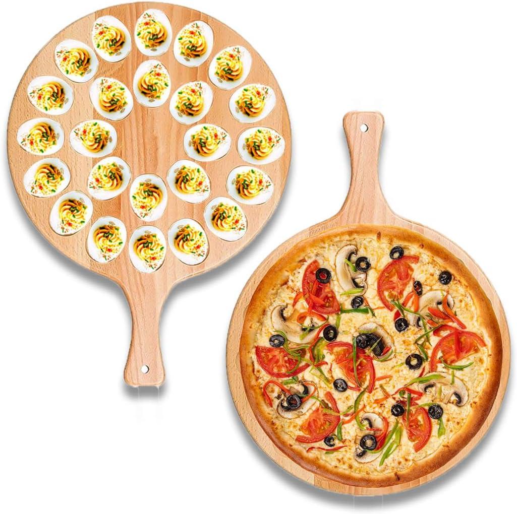 12" Reversible Deviled Egg Platter Round Charcuterie Board Wooden, 24 Holes Egg Plate Serving Tray with Handles for Charcuterie, Pizza & Holiday Spreads