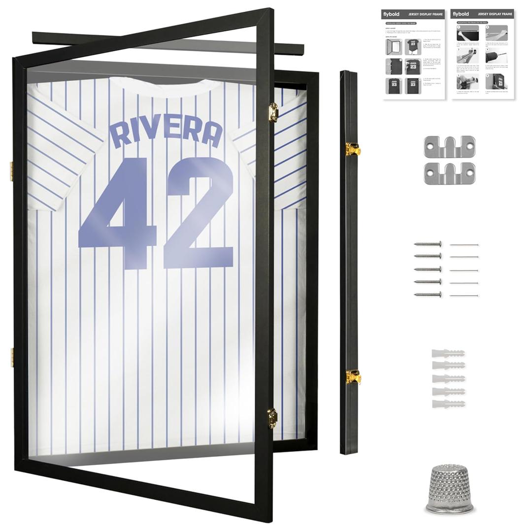 Flybold Jersey Frame - Jersey Display Case - Sports Jersey Framing Kit for Football, Basketball, Baseball and More - 98% Anti Fade UV Protection - Large Matte Black Memorabilia Shadow Box with Lock