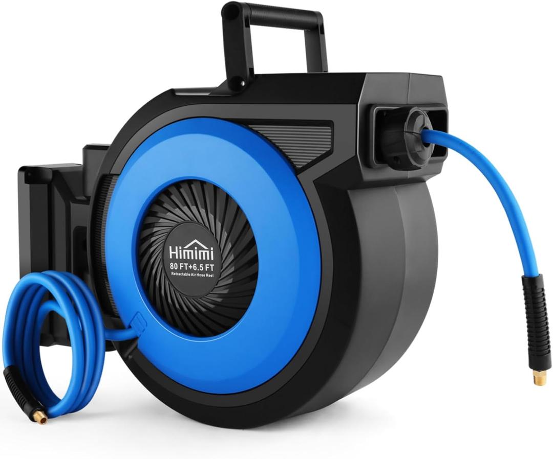 Himimi 80FT + 6.5FT Retractable Air Hose Reel, Wall Mount Pneumatic Hose Reel for Garage Workshop, Automatic Rewind, 3/8" x 80' Hybrid Air Hose with Brass Fittings + Bend Restrictors, 300PSI (Blue)