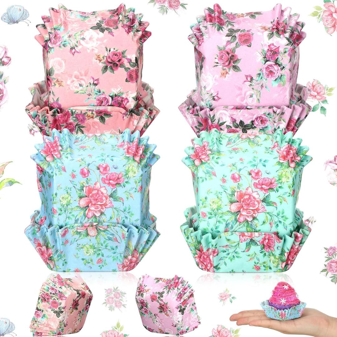 Mifoci 400 Pcs Square Floral Cupcake Liners Watercolor Flower Pan Liners Floral Baking Cup and Cupcakes Wrappers Party Supplies for Weddings Birthdays Baby Showers, 1.8 x 1.8" Bottom and 0.98" High