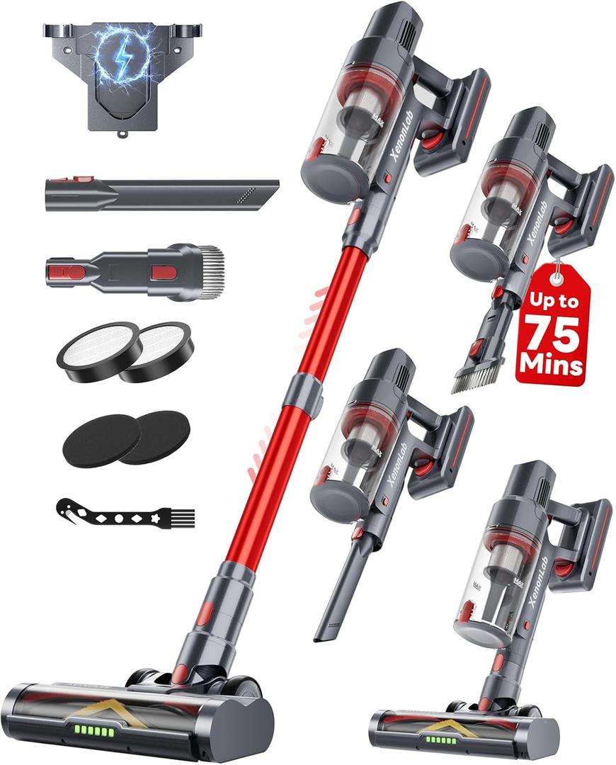 XenonLab Cordless Vacuum Cleaner, 75Mins/48KPa/580W Self-Standing Stick Vacuum Cleaners for Home, Rechargeable, Lightweight, Anti-Static&Anti-Tangle Brush, for Hard Floor, Carpet, Hardwoods, Pet Hair (Red)