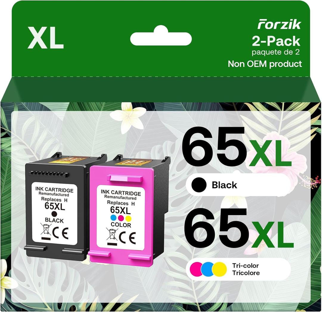 Forzik Remanufactured Ink Cartridges Replacement for HP Ink 65 65XL Black and Color Combo Pack Works with AMP 100 120 DeskJet 2620 2652 3700 3720 Envy 5020 5030 Printer(1 Black, 1 Color)