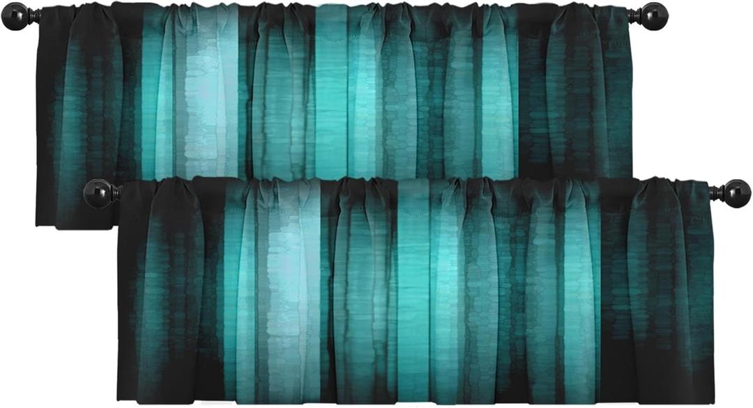 Emvency 2 Pack Valances Window Treatments, Teal Striped Abstract Glass Texture Blackout Drapes Adjustable Curtain for Windows Living Room Kitchen Over Sink, 12x52 Inch Rod Pocket Valances