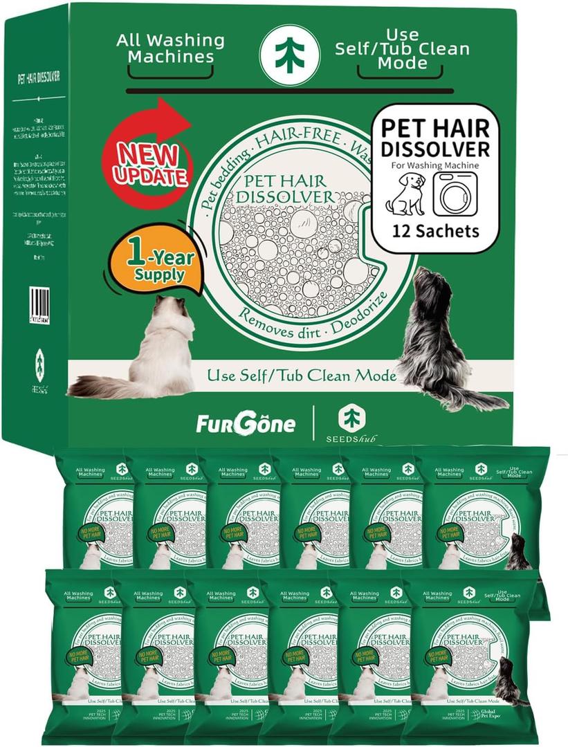 FURGONE Pet Hair Dissolver Washing Machine Cleaner Powder, 12 Sachets | Cleans pet bedding and washer tubs to remove pet hair, odors and residue. Designed for dog and cat homes, 1-Year Supply