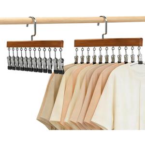 Closet Organizer with 12 Clips, Space Saving Hangers for Clothes, Hanging Closet Organizers and Storage, Wooden Socks Hats Pants Hangers with Clips, for Small Room Organization (2 Pack)