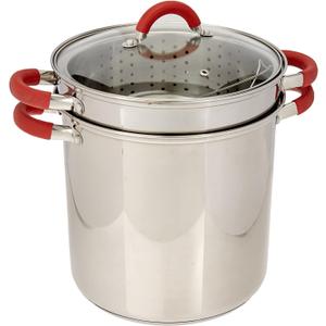ExcelSteel 8 Qt Multifunction Stainless Steel Pasta Cooker with Encapsulated Base, Vented Glass Lid, and Riveted Silicone Covered Handles