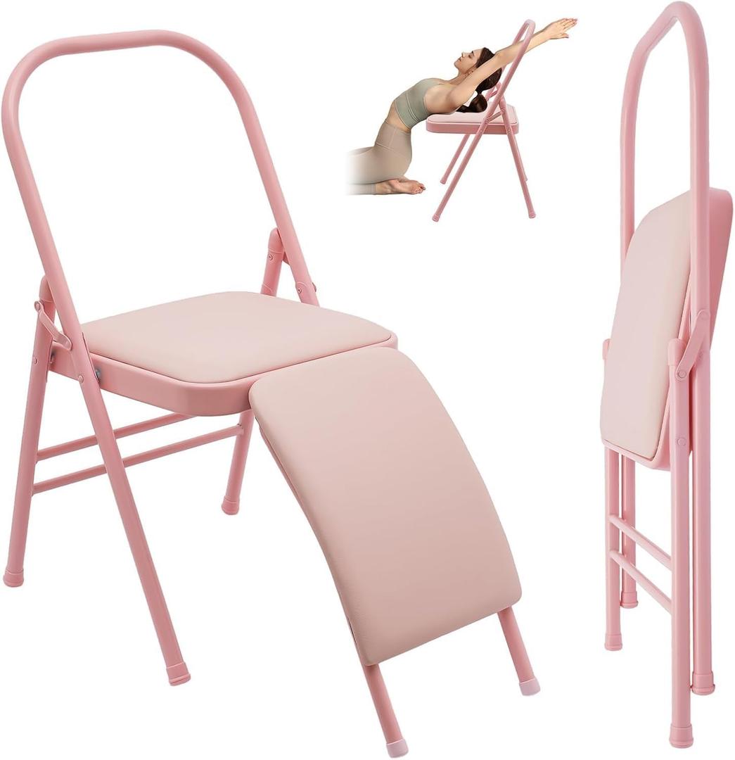 Yoga Auxiliary Chair ,Anti-Slip Exercise Yoga Chair, Foldable Workout Yoga Benches for Adults Waist/Leg Exercises, Hip Movement ,Home Fitness and Stress Relief (Pink)