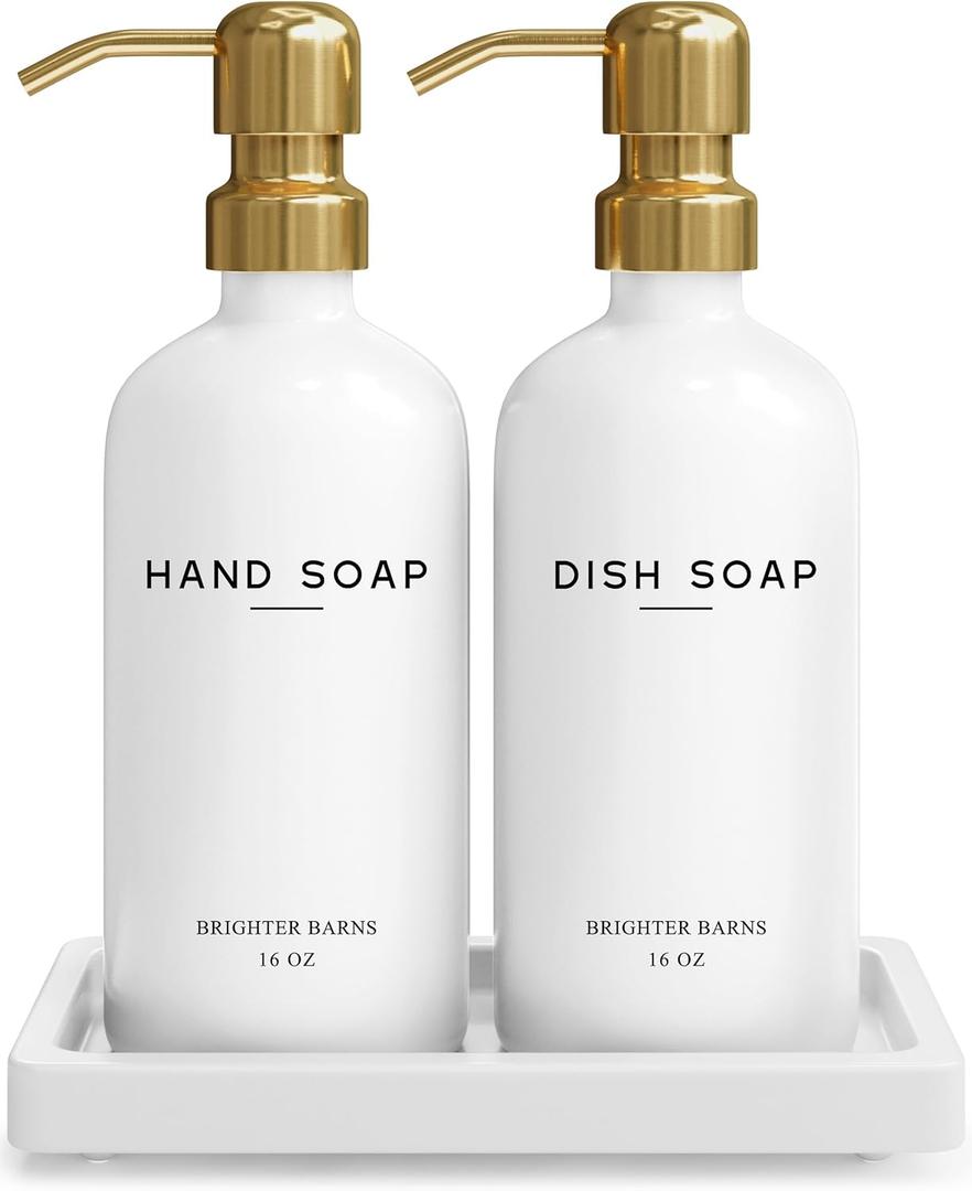 Luxury Glass Hand and Dish Soap Dispenser Set by Brighter Barns - Kitchen Soap Dispenser Set with Tray for Kitchen Sink - White and Gold Home Accessories & Decor for Restaurants, Airbnb, Gift (Gold)