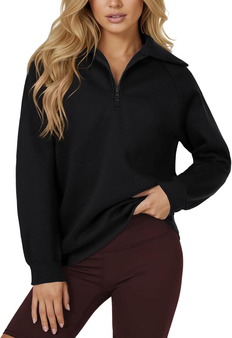 Rooscier Women's Sweatshirt Quarter Zip Fleece Long Sleeve Pullover Fall Hoodies Top (Large, Black)