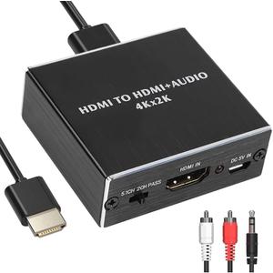 HDMI Audio Splitter, 4K x 2K HDMI Audio Extractor HDMI to Optical Spdif Toslink with HDMI and 3.5mm Stereo Audio Converter Adapter, Pass / 2.0CH / 5.1CH 3 Audio Mode