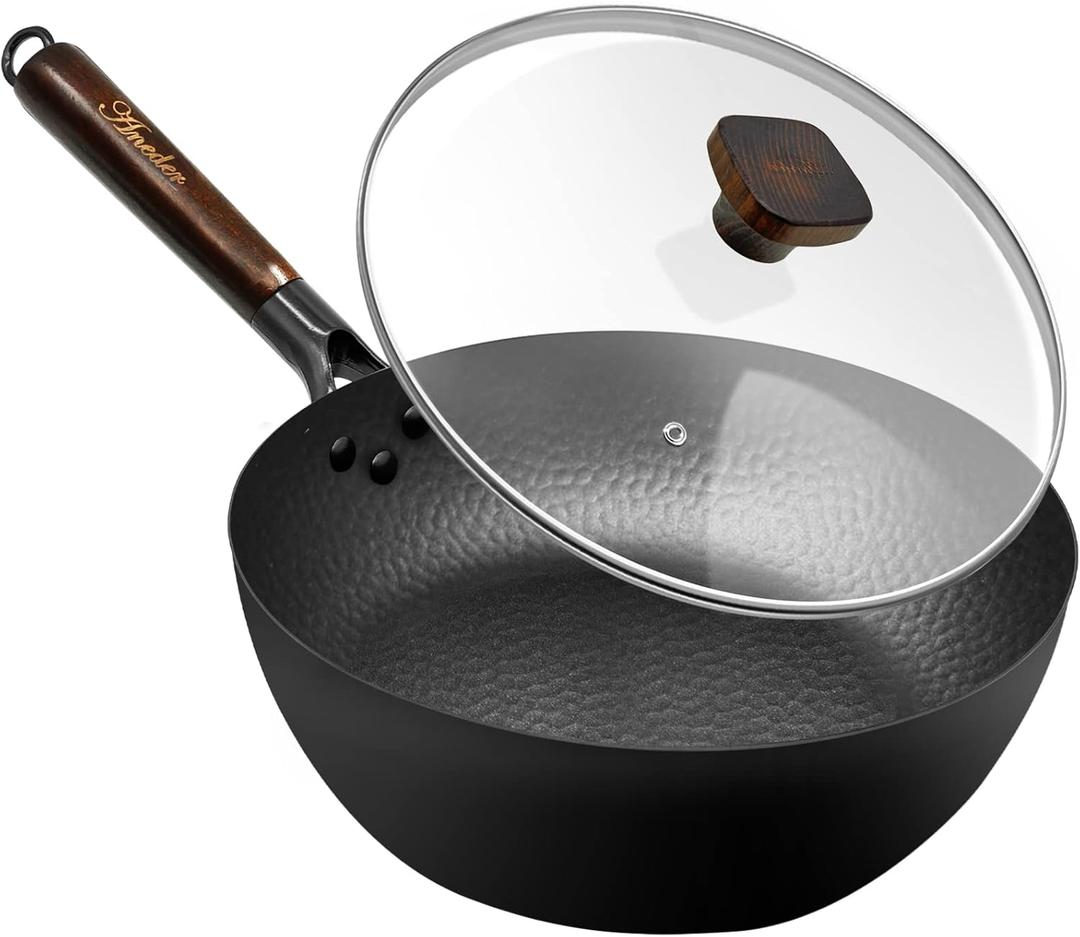 Frying Pan with Lid Skillet Nonstick 10 inch Carbon Steel Wok Pan Woks and Stir Fry Pans for Electric,Induction and Gas Stoves (Black)