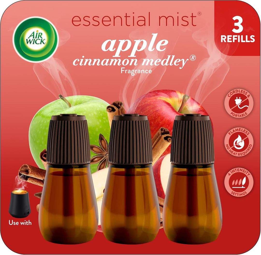 Air Wick Essential Mist Refill, 3 ct, Apple Cinnamon Medley, Essential Oils Diffuser, Air Freshener, Fall scent, Fall decor (1.14 Fl Oz (Pack of 3))