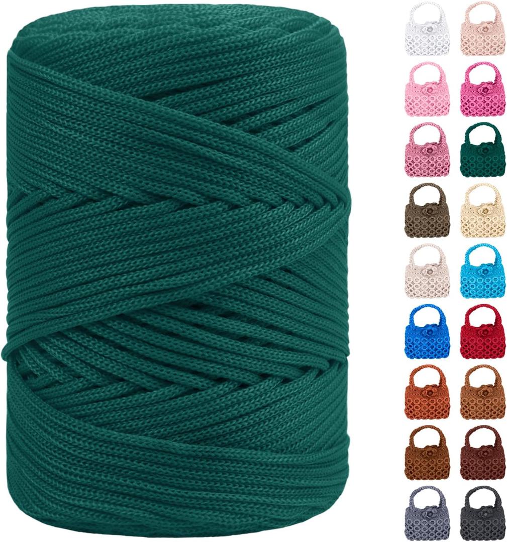 Polyester Macrame Cord 3mm x 185yards, Braided Macrame Cord Polypropylene Silk Cord, Crochet Bag Polyester Yarn for Crocheting, Bag, Wall Hangings, Rug, DIY Crafts (Light Dark Green)