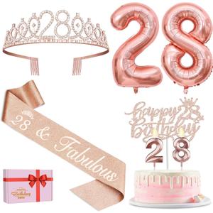 28th Birthday Decorations for Women with 28th Birthday Sash and Tiara, Cake Topper and Candles, Number Balloons, 28 Year Old Gifts for Women