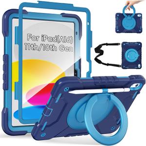 Case for iPad (A16) 11th Generation 11 inch 2025/10th Generation 10.9 inch 2022, Shockproof Cover with Screen Protector/360 Rotate Handle/Bracket/Pen Holder/Shoulder Strap (Navy+Blue)