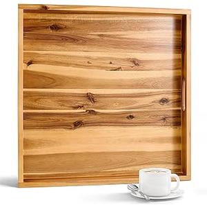 Wooden Square Serving Tray with Handles - Extra Large Food Serving Trays for Decorative, Coffee Table, Breakfast in Bed  (29.5in x 20.2in)