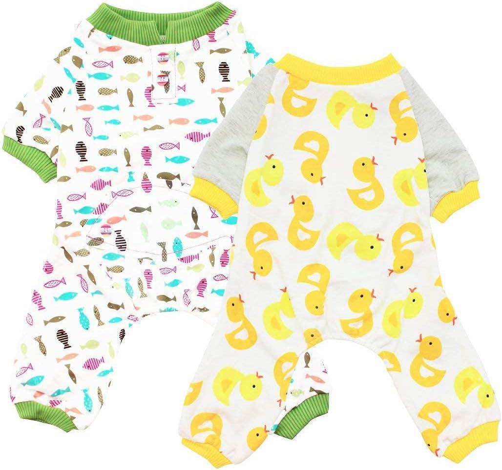2-Pack Pet Clothes Puppy Cute Pajamas Dogs Cotton Rompers Cats Jumpsuits Cosy Apparel Dog Shirt Small Canine Costumes, Duck & Fish XL