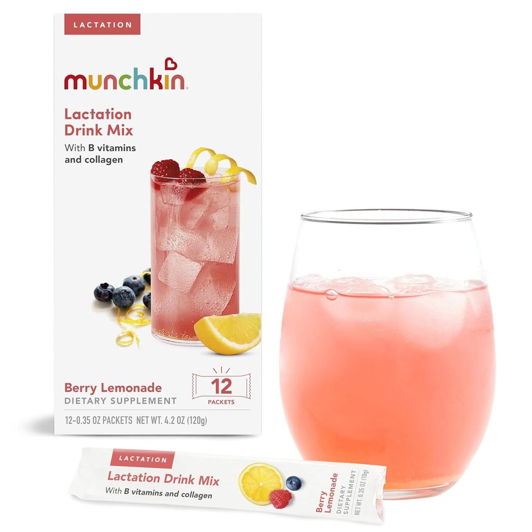 Munchkin Milkmakers Lactation Drink Mix Supplement with B Vitamins/Collagen/Fenugreek & Milk Thistle for Breastfeeding Moms, Berry Lemonade, 12 Count, Expiry: 07/01/27