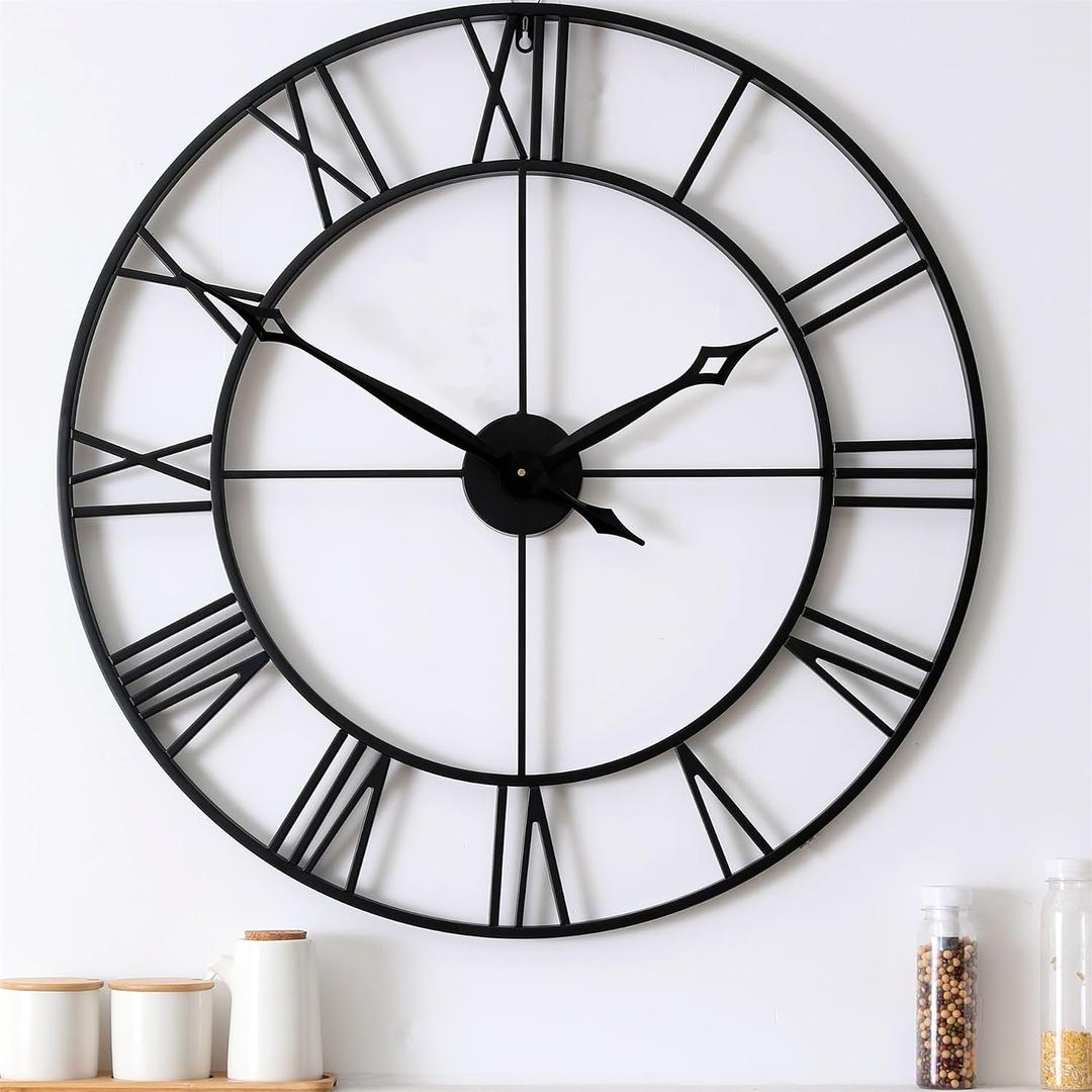 CLXEAST Large 30 Inch Wall Clocks for Living Room Decor, Roman Numeral | Battery Operated,Oversized Black Metal Wall Clock for Dinning Room,Entryway & Home Decor