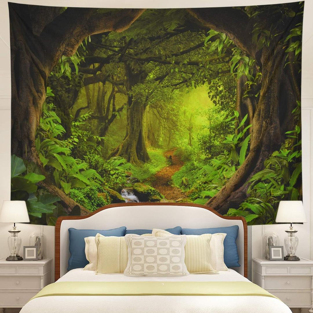 Tushelia Forest Tapestry Psychedelic Tree Cave Tapestries Fantasy Nature Landscape Backdrop Tapestries Stream Through Rainforest Jungle Tapestry Wall Haning for Bedroom Decor (51.2"L x 59.1"W)