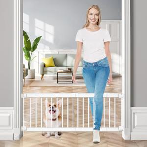 Dog Gate - 18"-45" Adjustable Extra Wide Metal Short Dog Gate to Step Over, 10" Tall Small Pet Gate with 3 Extension Kits, Pressure Mounted for Doorways & Stairs (White)