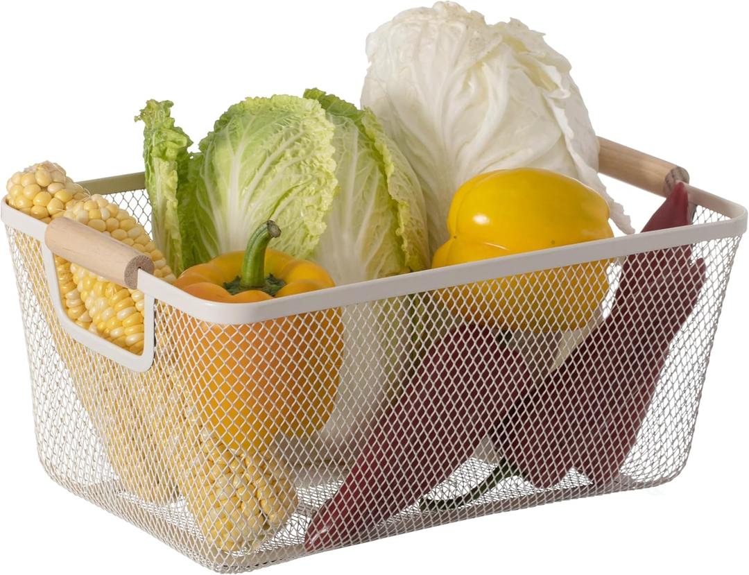 Basicwise Multipurpose Metal Mesh Basket w/Wooden Handle Storage Organizer for Kitchen Pantry Bathroom Cabinet Closet Countertop Fruit Holder Picnic Food and Beverages Carrier and Home Decor, Medium