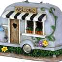 Exhart Garden Sculpture, Solar Camping Trailer with Welcome Sign Garden Statue, LED Lights, Outdoor Garden Decoration, 5 x 8.5 x 6 Inch