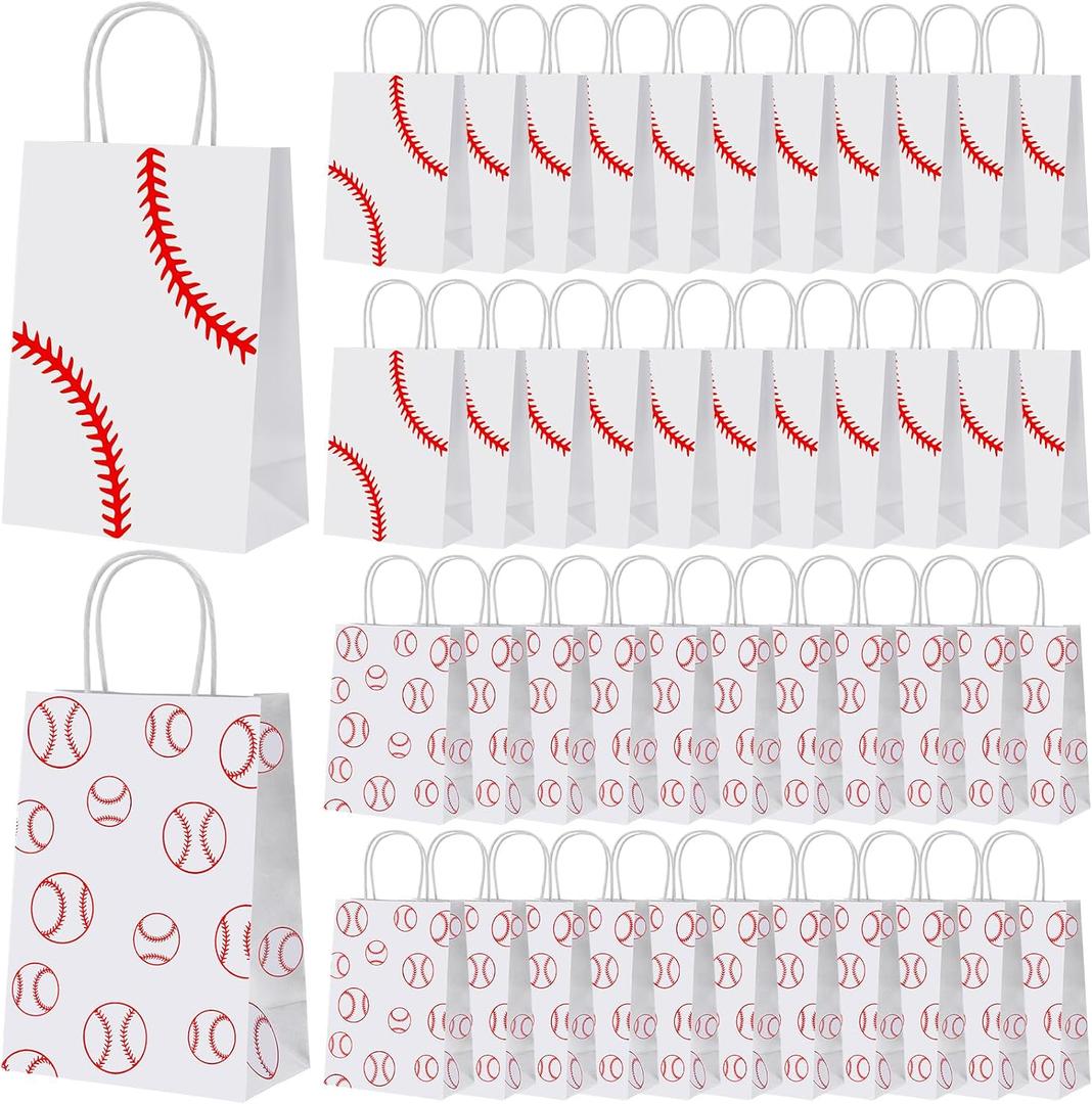 Hillban 100 Pcs Baseball Paper Gift Bags with Handles Baseball Snack Treat Goodie Party Favor Bags Sports Theme Candy Sacks for Club Team Game Party Supplies