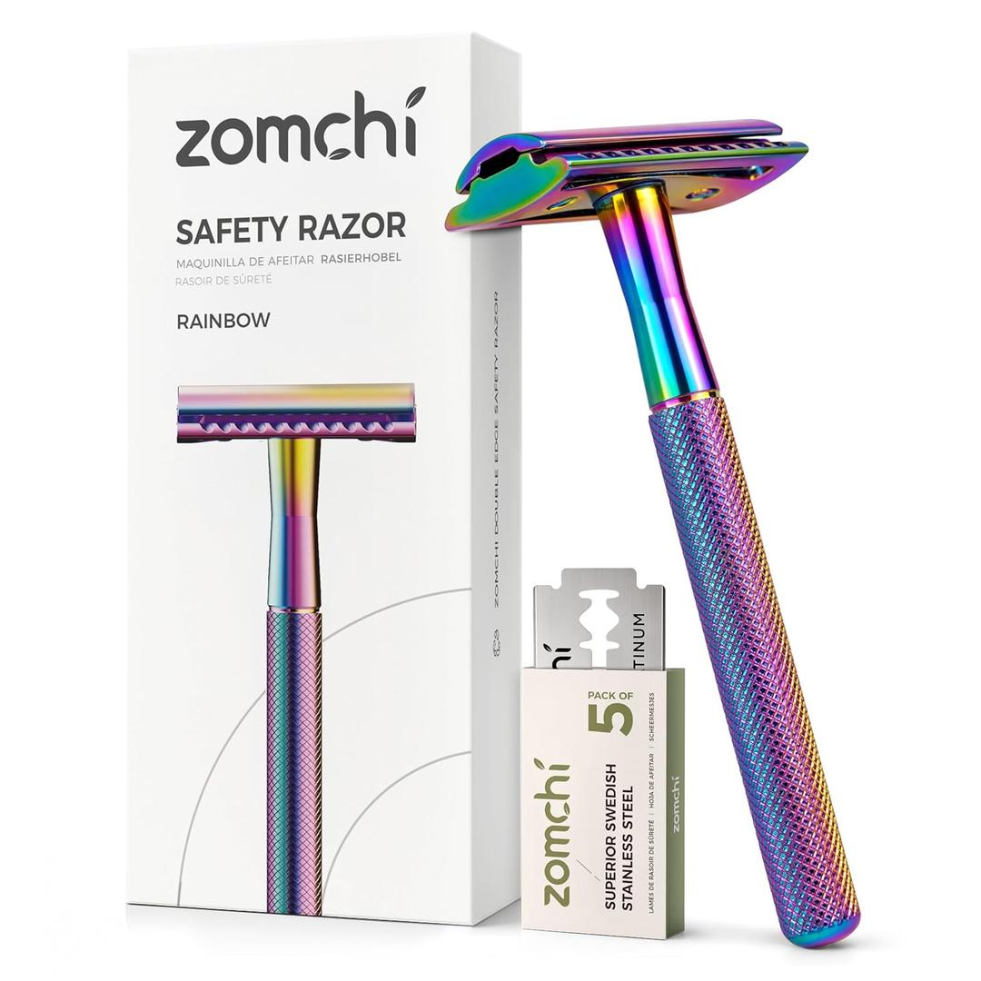ZOMCHI Double Edge Safety Razor with 5 Safety Razor Blades, Women & Mens Safety Shaving Razor, Reusable Razor, Plastic Free  Rainbow (1 Count (Pack of 1))