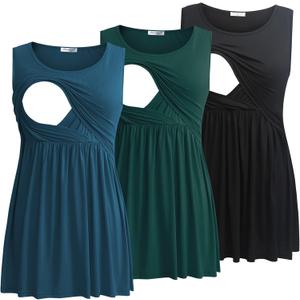 Bearsland Women's Maternity Nursing Tank Tops Sleeveless Scoop Neck Breastfeeding Shirt Pregnancy Clothes (X-Large, Black&green&vivid Blue)