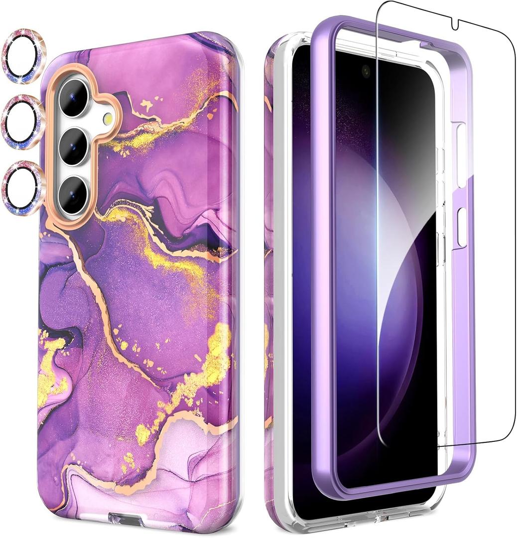 SHEDEER for Samsung Galaxy S24 Case with Glitter Camera Protector & Screen Protector, Samsung S24 Case Chic Anti-Yellowing Pattern, Shockproof Drop Protection Phone Cover S24 6.2'', Crystal Purple