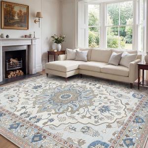 10x12 Area Rugs for Living Room, Machine Washable Boho Vintage Rug, Waterproof Surface & Non-Slip Backing, Foldable Soft Low Pile Floral Medallion Carpet for Bedroom Dining Room