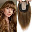 OLLAVO Hair Toppers for Women Real Human Hair, 360° 3D Toppers Pieces for Women with Thinning Crown Wispy Bangs 14 Inch Upgrade Big Basement (Light Brown, 14 Inch Wispy Bangs)