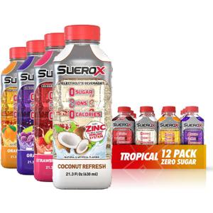 SueroX Sugar-Free Sports Drink for Hydration and Recovery, Electrolyte Hydration Drink with 8 Ions, Zero Calorie Sports Drinks with Electrolytes, Tropical Pack, 21.3 Fl Oz, 12 Count (EXP 06/10/26)