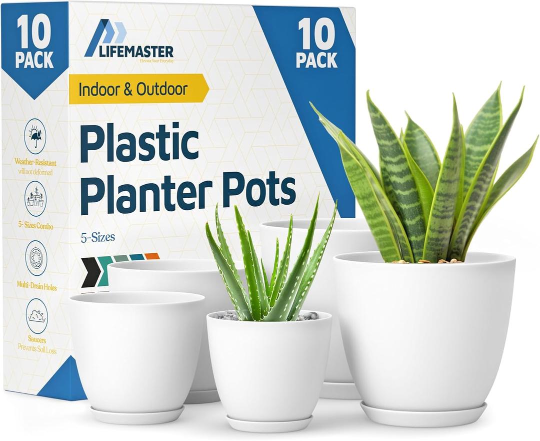 Lifemaster Eco Friendly Plant Pot Set - 10-Pack Home Decor Flower Indoor and Outdoor Plastic Pots with Drainage Holes, Assorted Sizes (7", 6.6", 6", 5.3", 4.8") - Stackable Garden Versatile Planters (White)