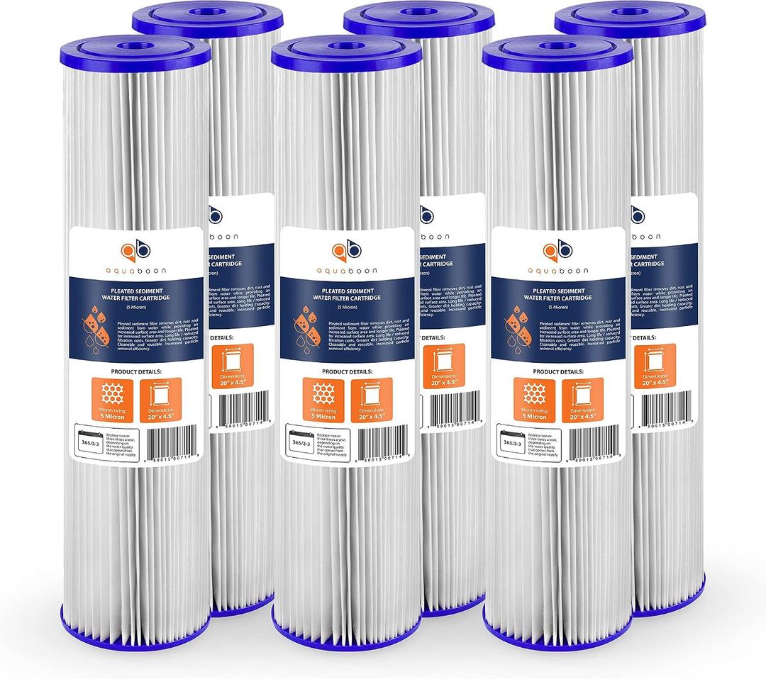 Aquaboon 5 Micron 20 x 4.5 Whole House Pleated Water Sediment Filter Replacement Water Filter Cartridge Compatible with ECP5-20BB, SPC-45-2005, 6-Pack