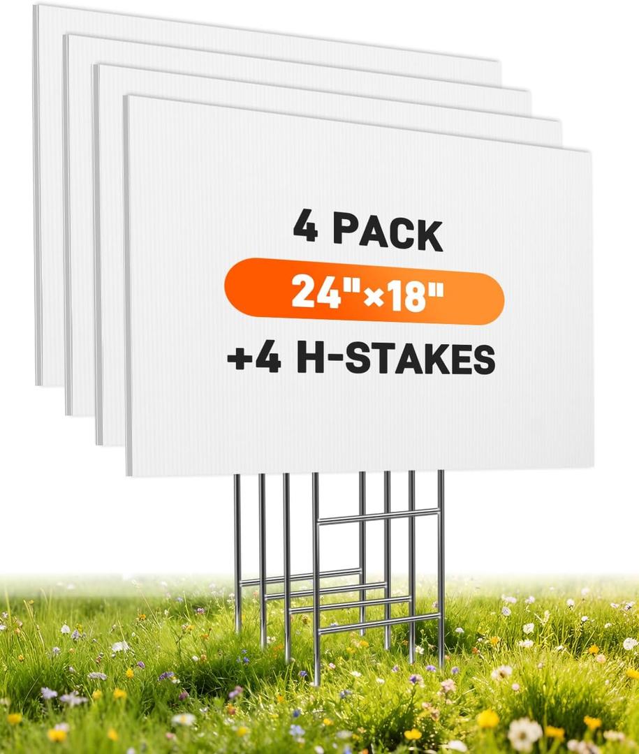 4 Pack Blank Yard Signs with Stakes, 24" x 18" 5mm Corrugated Plastic Board